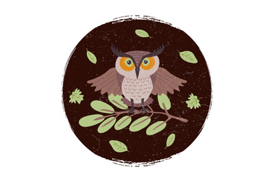 Wild cartoon owl on branch grunge card or emblem or logo