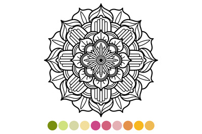 Antistress mandala coloring page with colors sample