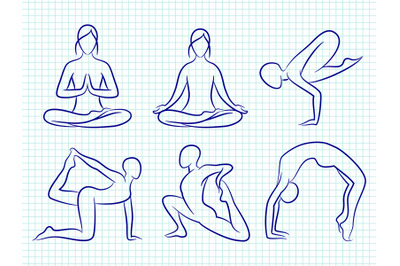 Fitness yoga pilates hand drawn silhouettes