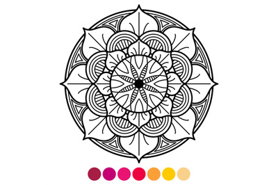 Mandala coloring page for adults. Antistress coloring with color sampl