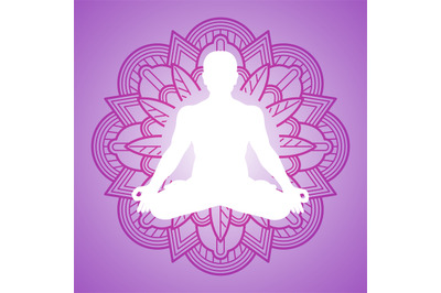 Meditation person on flower mandala frame. Yoga logo design