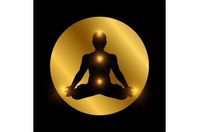 Spiritual indian chakra symbol. Meditation man silhouette with shiny e