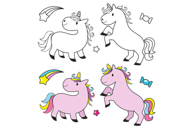 Cute unicorn set for kids coloring book