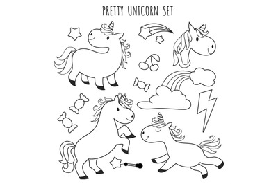 Kids coloring page. Unicorn set for coloring book