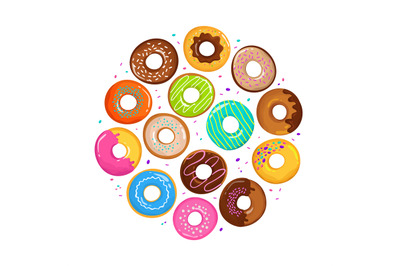 Sweet cartoon donuts in round form vector