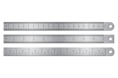 Metallic school rulers with inch and centimeter measuring scale vector