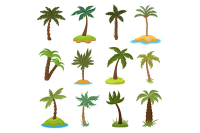 Cartoon palm trees on tropical exotic islands vector set