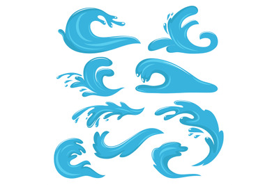 Blue ocean waves, water drops and splashes vector symbols isolated on