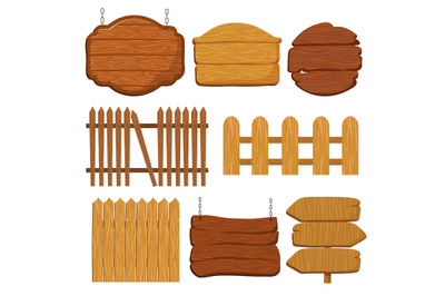 Cartoon wooden garden fence. Blank wood banners and signs vector set