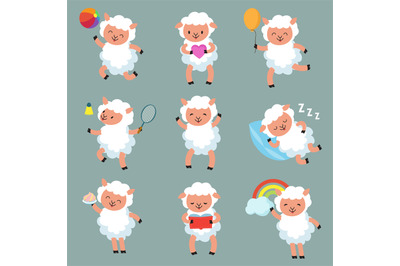 Cute baby sheep. Funny cartoon woolly lamb vector characters