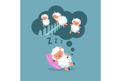 Counting sheep to sleep at night. Jumping lamb to happy dream cartoon