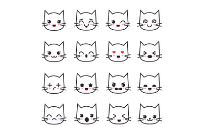 Cute kitten kawaii emoticon collection. Funny white cat emoji vector a