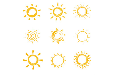 Hand drawn shining sun collection. Summer heat vector doodle sun symbo