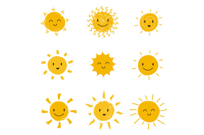 Cute happy sun with smiley face. Summer sunshine vector set isolated