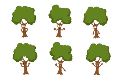 Cartoon funny green tree vector characters isolated