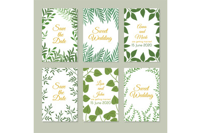 Romantic wedding invitation cards with green garden decoration, leaves