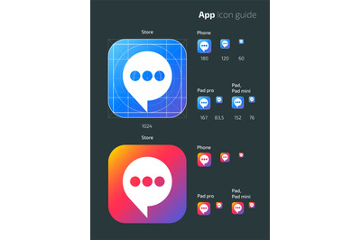 Smart phone app vector mobile os icon templates with guidelines. User