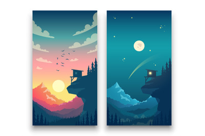 Day and night flat vector mountain landscape with moon, sun and clouds