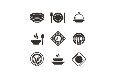 Kitchen plates and cutlery black silhouette icons. Chef and cooking em