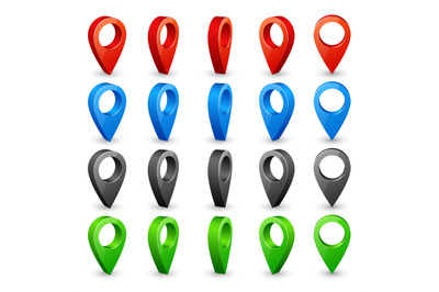 Color 3d map pins. Place location and destination icons. Navigation pi