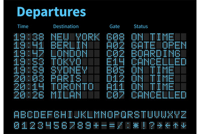 Departures and arrivals airport digital board vector template. Airline