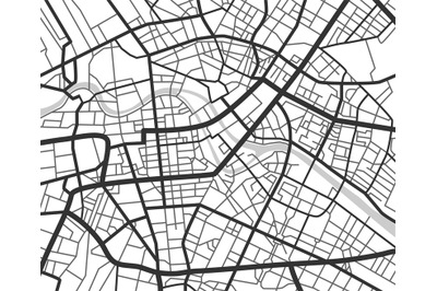 Abstract city navigation map with lines and streets. Vector black and