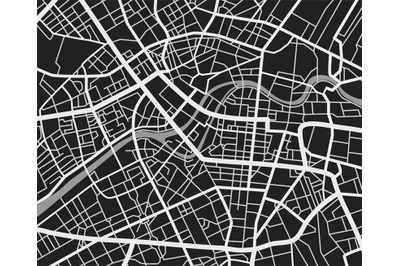 Black and white travel city map. Urban transport roads vector cartogra