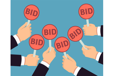 Bidder hands holding auction paddle. Buyer business vector concept