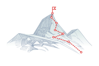 Mountain climbing route to peak. Business journey path in progress to