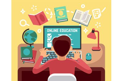 Student or school boy studying on computer. Online lesson and educatio