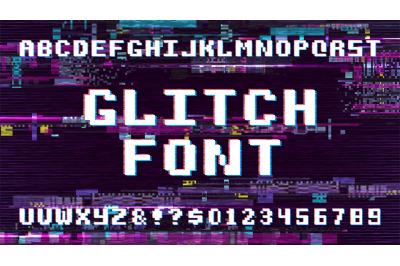 Retro pixel art font on display with tv noise glitch effect. Computer