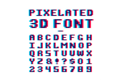 Video game pixelated 3d font. 8 bit pixel art old school latin alphabe