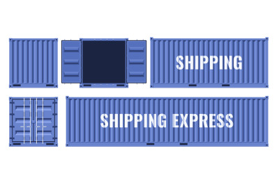 Blue shipping cargo metal container from different points of view. Fla