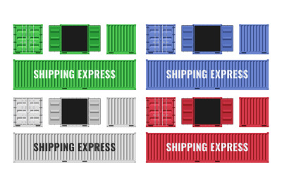 Red, blue, white and green shipping cargo metal containers. Customs po