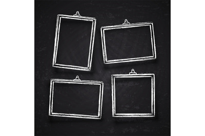 Old hand drawn chalk photo frames, white vintage image borders with sh