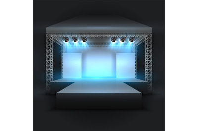 Empty music show stage with spotlights beams. Concert performance podi