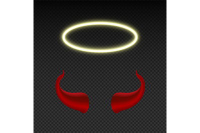 Devil horns and shining angel nimbus. Heaven and hell vector symbols i