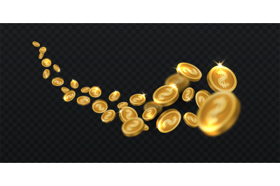 Flying golden coins. Gold coin rain isolated. Jackpot winning cash 3d