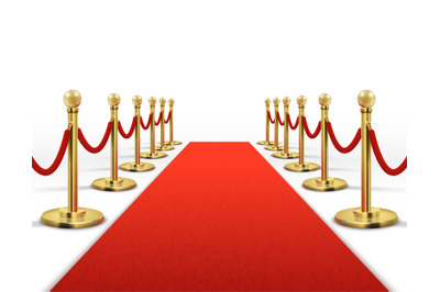 Red carpet for celebrity with gold rope barrier. Success, prestige and