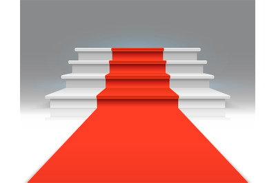 Red carpet on white walking stairs. Success, business growth and award