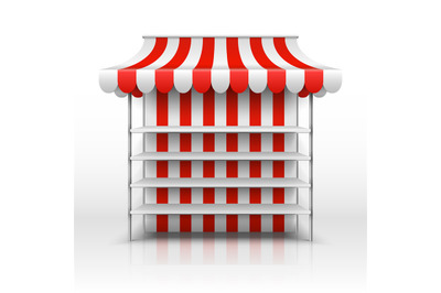 Empty market stall. Kiosk with striped awning vector template