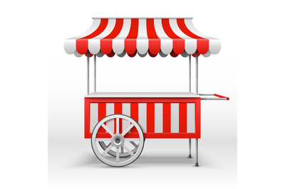 Mobile market stall with wheels. Blank farmer market cart vector templ