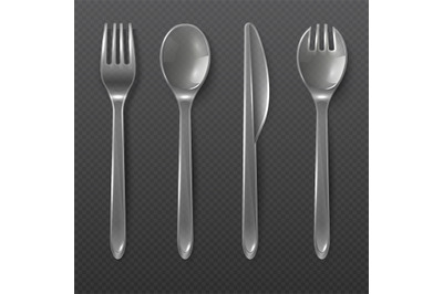 Realistic transparent plastic cutlery. Spoon, fork and knife isolated.