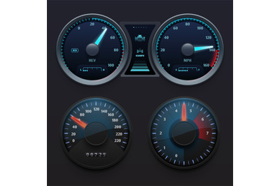 Realistic car dashboard speedometers with dial meter. Rapid symbols ve