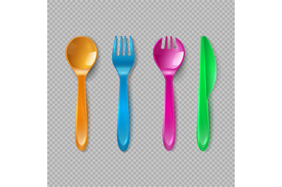 Kids plastic cutlery. Little spoon, fork and knife isolated. Disposabl