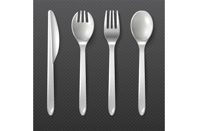 Realistic disposable white plastic spoon, fork and knife vector isolat