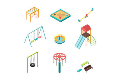 Isometric 3D outdoor kids playground vector cartoon elements isolated