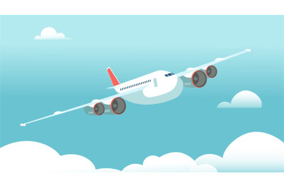 Airplane in flight with white clouds and blue sky background. Vector i