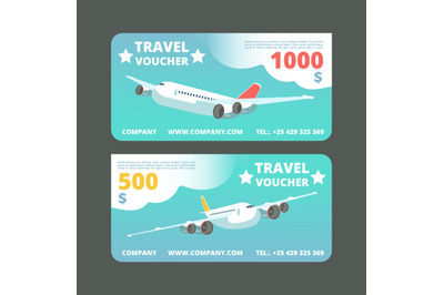 Gift travel voucher&2C; travelling promo card. Ticket with flying airplan