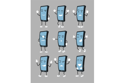 Cartoon smartphone in various poses with different emotions. Cell phon